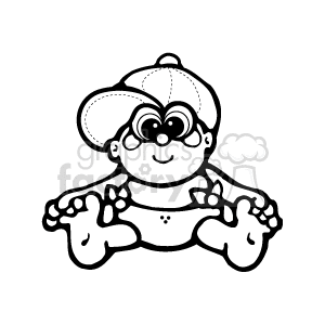 The clipart image depicts a cartoon of a baby boy wearing a cap. The infant has large, exaggerated eyes and a playful expression. The cap appears to be slightly oversized compared to the baby's head, which adds to the whimsical nature of the image. The illustration is in black and white and seems to be designed in a simple, line-drawing style. 