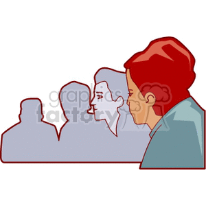 A clipart image depicting silhouettes of people in a business meeting, with one person in the foreground attentively watching and listening.