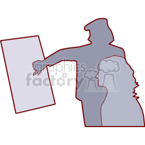 A silhouette of two people in a business meeting, with one person pointing at a chart.