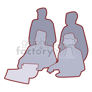 Silhouette clipart of four people in a business meeting setting, with one person holding a paper.