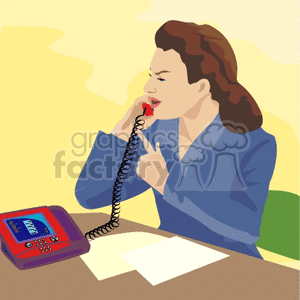 Clipart of a businesswoman talking on the phone at a desk with papers and a fax machine.