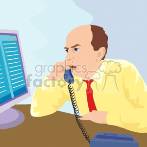 Illustration of a businessman in a suit talking on the phone while looking at a computer screen.