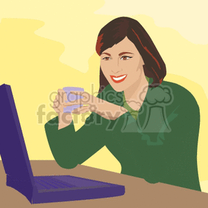 A Woman Sitting at a Desk Looking at her Lap top smiling and Drinking Her Coffee