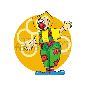 A colorful circus clown with big shoes, a red nose, and flower-patterned clothes, standing happily against a yellow background.