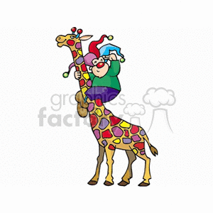 A colorful clipart image showing a clown with a jester hat joyfully riding on the neck of a giraffe.