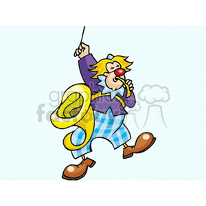 A cheerful circus clown playing a brass instrument with a large red nose, wearing big shoes and colorful clothing, and marching happily.