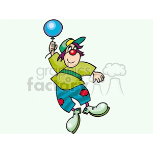 A Silly Clown with a Big Pair of White Shoes Holding a Single Blue Balloon Floating in the Air