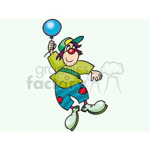 A cartoon clown with a red nose and large shoes, holding a blue balloon while wearing a hat.