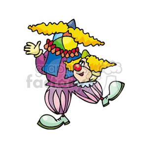 A Silly Clown with a Little Blue Hat Big Yellow Hair Playing a Tick with His Head and a Colorful ball