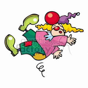 Cartoon image of a circus clown slipping and falling, with a red nose, colorful outfit, big shoes, and a funny expression.