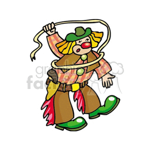 A cartoon image of a circus clown dressed as a cowboy, holding a lasso.