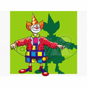 A colorful circus clown holding a jump rope with a playful expression, casting a distinct shadow.