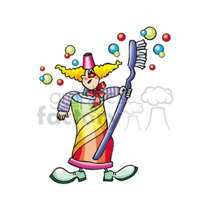 A colorful circus clown holding a large toothbrush surrounded by colorful bubbles.