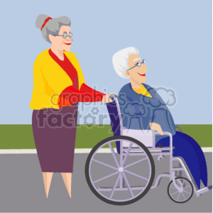 An Old Woman Walking and Pushing an Elderly Woman in a Wheelchair
