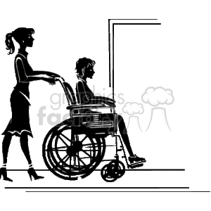 Black and White Woman Pushing a Child Down a Hall in a Wheelchair