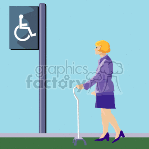 The clipart image features a woman using a walking cane, standing next to a sign that indicates accessibility, often used for designating parking or facilities for people with disabilities. The sign has the well-known international symbol of accessibility, which is a blue square overlaid with a white pictogram of a person in a wheelchair.