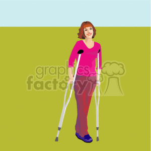 A Woman in Pink Smiling Using Crutches to Walk