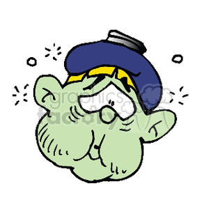 A cartoon illustration of a sick boy with a green face, wearing a blue ice pack on his head.