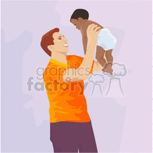 Illustration of an interracial family scene with a parent joyfully lifting an African American baby.