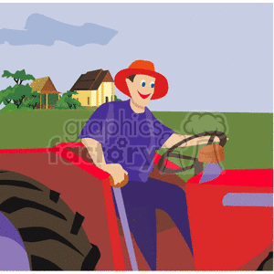 A cartoon illustration of a happy farmer sitting on a red tractor in a rural farm setting with houses in the background.