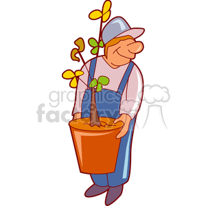 A cartoon illustration of a farmer holding a potted plant.