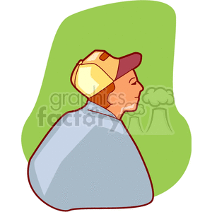 A clipart illustration of a person in profile wearing a cap, set against a green background.