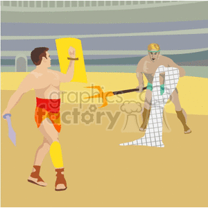 Illustration of two gladiators in a medieval arena, engaged in combat. One gladiator holds a yellow shield and sword, while the other wields a trident and net.