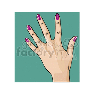 Clipart image of an open hand with pink nail polish on a teal background.