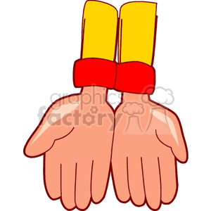 Clipart image of two cartoon hands with yellow sleeves and red cuffs, palms facing up.