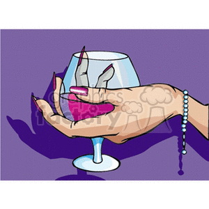 Colorful clipart of a hand with painted nails holding a glass of wine against a purple background.