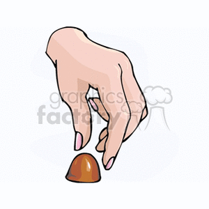 Clipart image of a hand picking up a piece of chocolate candy.