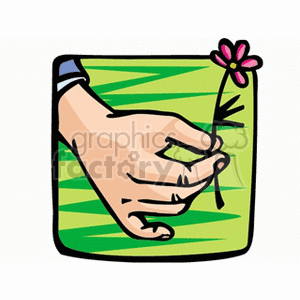 Illustration of a hand holding a small pink flower against a green background.