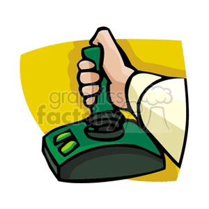 A clipart image of a hand gripping a green joystick, commonly used in gaming.