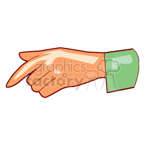 A cartoon-style illustration of a hand pointing to the left.