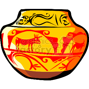 The clipart image displays a stylized, colorful vase or pottery with decorative patterns and animal figures. The design appears to be inspired by Native American or indigenous art, featuring elements like swirling lines and silhouettes of animals which could be indicative of traditional motifs found in such cultures.