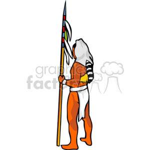   The clipart image portrays a stylized representation of a Native American person. The figure is holding a tall spear adorned with feathers and colorful bands. They are wearing traditional garb that includes a headdress with feathers, a short tunic, and leggings. It