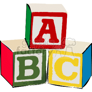The image contains three wooden blocks with the letters A, B, and C on them. Each block has a letter on its visible side and is colored differently. The A block is red with a white border and rests on top, the B block is green, and the C block is yellow. These appear to be classic children's alphabet blocks typically used for educational play.