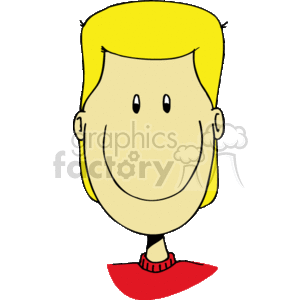 The image shows a cartoon of a smiling boy with blonde hair. The boy's facial features include two simple dots for eyes and a curved line for a smiling mouth. The character is wearing a red garment with a simplified neckline. The style is indicative of a child-friendly cartoon or clipart.