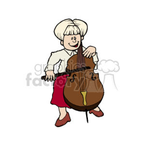   The clipart image shows a cartoon of a young girl playing a cello. She has blonde hair and is wearing a white blouse with a red skirt and red shoes. She is holding the cello