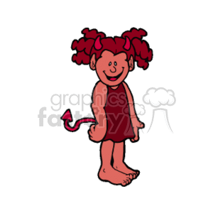  The image shows a cartoon of a child with a playful devil-like appearance. The kid is likely a girl, indicated by the two pigtails with red curly hair. She is wearing a simple red dress and has a devil
