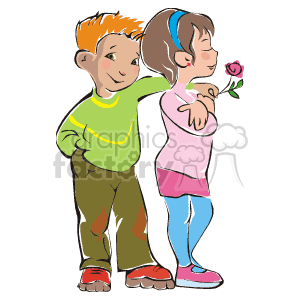   Boy with arm around girl holding a rose 