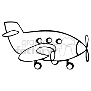 The image is a simple black and white line drawing or clipart of a cartoon airplane. The plane has a propeller, landing gear, and windows that might suggest it has the capacity for passengers. However, there are no people or kids depicted in this particular image.