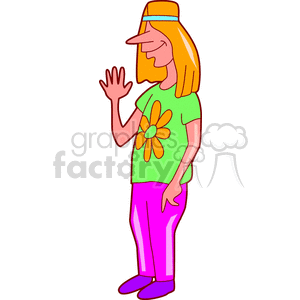 A whimsical cartoon illustration of a hippie character with long hair, wearing a headband, a green shirt with a flower design, and pink pants. The character is smiling and waving.