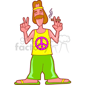 A cartoon hippie character making peace signs with both hands while holding a lit cigar. He's wearing a yellow shirt with a pink peace symbol, green pants, and sandals.