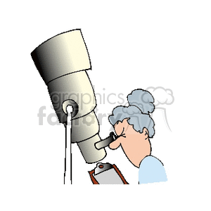 Older woman looking into a telescope making notes