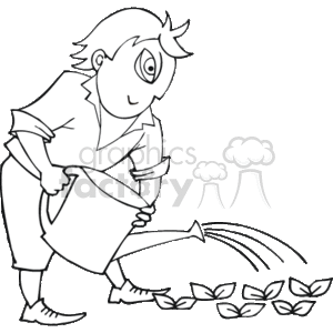 The clipart image depicts a person who appears to be a lady engaged in the activity of watering plants with a watering can. She is leaning forward slightly, focusing on the task of pouring water onto a row of plants. The image conveys the concept of gardening or landscaping as part of an occupational setting.