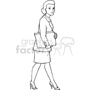 The clipart image depicts a professional woman walking. She appears to be dressed in business attire with a skirt suit and high heels, carrying what seems to be a document or folder under her arm and a briefcase in her hand. Based on the context provided with the keywords, she may be representing an occupation like a teacher or another type of professional.