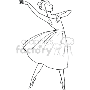 This image depicts a female ballet dancer in a dynamic dance pose. She appears to be wearing a ballet outfit, which typically includes a fitted bodice and a flared skirt, specifically a tutu. The dancer is on pointe, standing on the tips of her toes, which is a distinctive technique in ballet. She has one arm lifted gracefully above her head and the other extended to the side, showcasing classical ballet positioning.