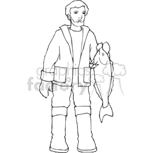 This clipart image features an illustration of a fisherman. He is portrayed standing up, wearing a fishing jacket with pockets, pants, and boots. The fisherman is holding a fish that he seems to have caught, which suggests his successful endeavor in fishing.