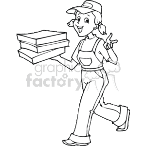 This clipart image depicts a female pizza delivery worker. She is illustrated in a walking pose, holding several pizza boxes in one hand and making a friendly gesture with the other. She is wearing a cap, a shirt with a collar, pants with pockets, and what looks like a pair of comfortable shoes suitable for her job. Her cheerful expression and dynamic pose suggest she is happily carrying out her work delivering pizzas.